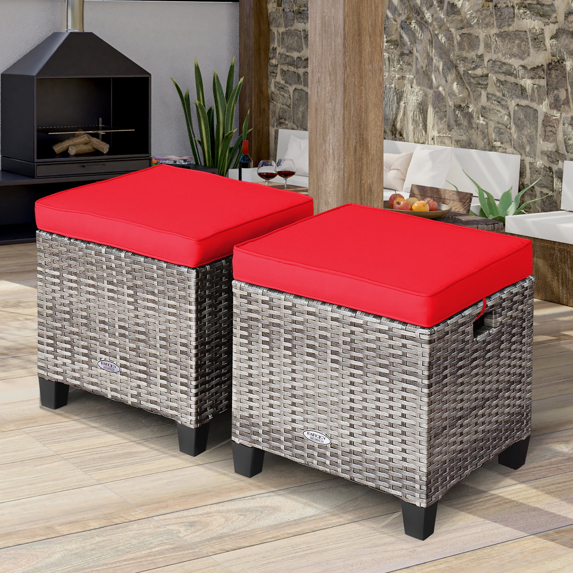 Costway Lot de 2 Poufs de Patio en Rotin avec Coussins, Repose-Pieds, Table, Rouge
