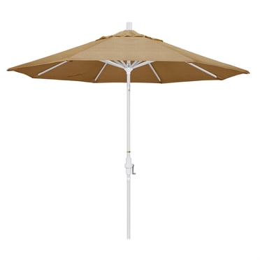 California Umbrella Parasol de Patio 9 Pieds Golden State Series avec Mât en Aluminium Blanc Mat, Baleines en Aluminium, Col, Inclinaison, Manivelle de Levage, avec Tissu Sunbrella 2A Lin Sésame