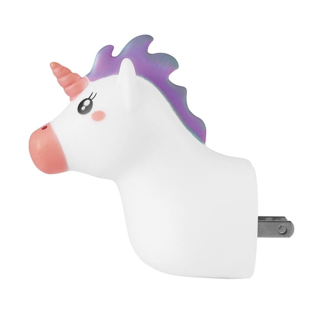 LED Unicorn Automatic Dusk to Dawn Plug-In Kids Night Light showing a side profile of a white unicorn head with a pink horn and snout, black eye with lashes, pink cheek blush, and a purple-blue mane, featuring a metal plug for indoor use in nurseries or bedrooms.