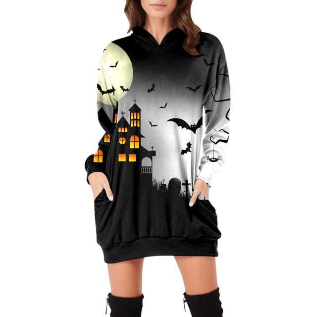 TJAZFJPA Robes Femmes Formelles Robe Convenant aux Femmes Robe à Imprimé Vintage Chandails à Capuchon à Manches Longues Robes Midi à Manches Longues avec Poches Robes Femme Formelles Robe de Sortie