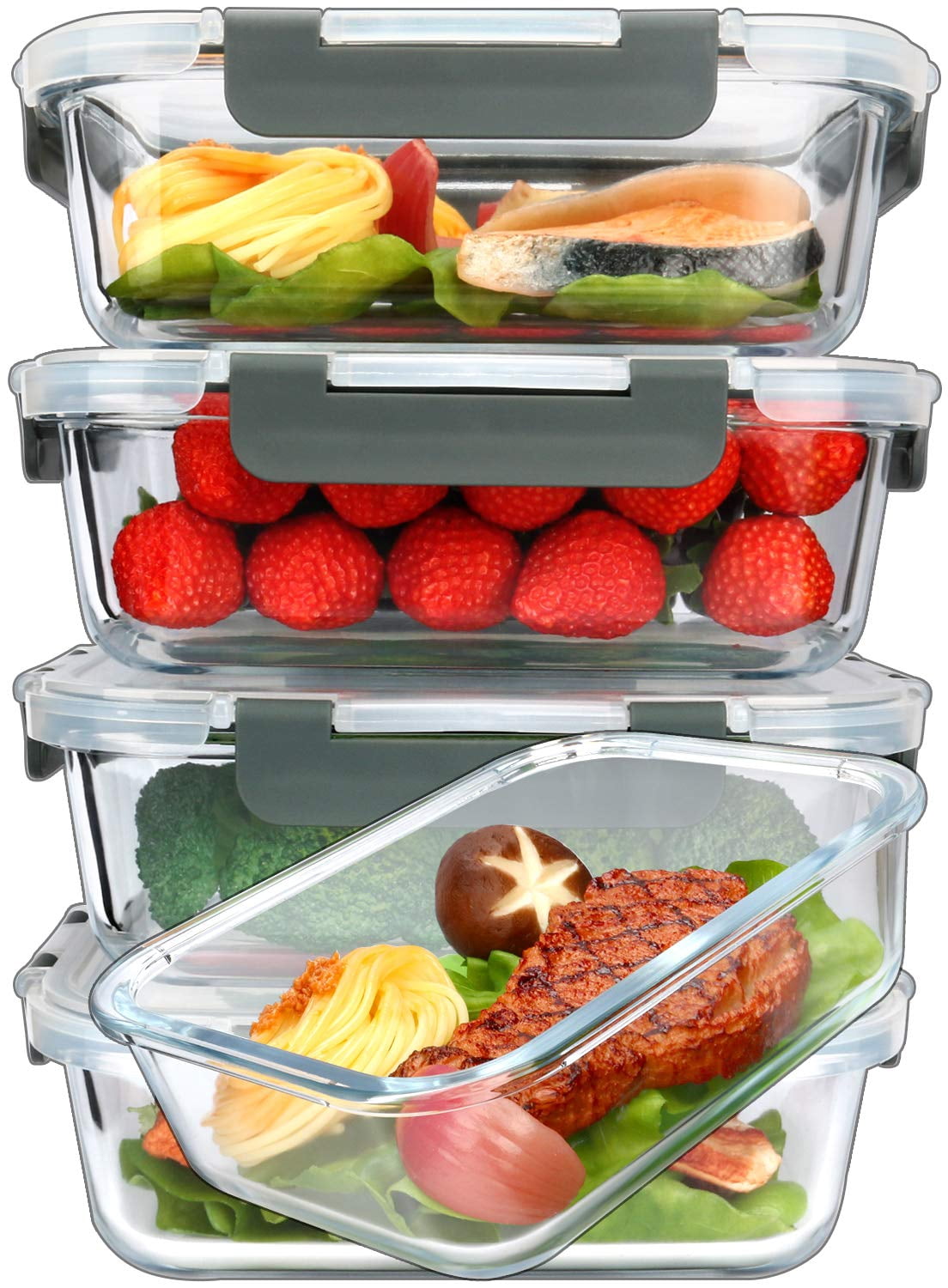 LuxeLine 5-Pack Borosilicate Glass Meal Prep Containers (36oz) - Airtight Lids, Stackable, Microwave/Oven/Freezer/Dishwasher Safe (4.5 Cup)