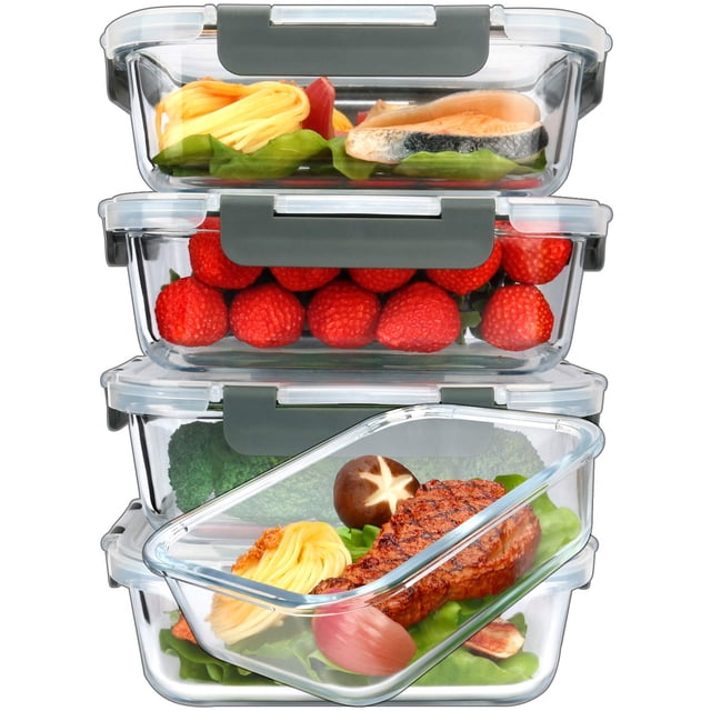 LuxeLine 5-Pack Borosilicate Glass Meal Prep Containers (36oz) with airtight silicone-sealed lids, shown stacked and filled with various foods like strawberries, pasta, and grilled meat. These stackable containers are microwave, oven, freezer, and dishwasher safe, designed for plastic-free food storage and meal preparation.