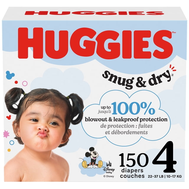 Huggies Snug & Dry Baby Diapers Size 4 box featuring Disney baby Mickey Mouse design, containing 150 disposable diapers for babies 22-37 lbs (10-17 kg) with up to 100% blowout and leakproof protection, curved stretchy fit, and CloudSoft absorbent layers.