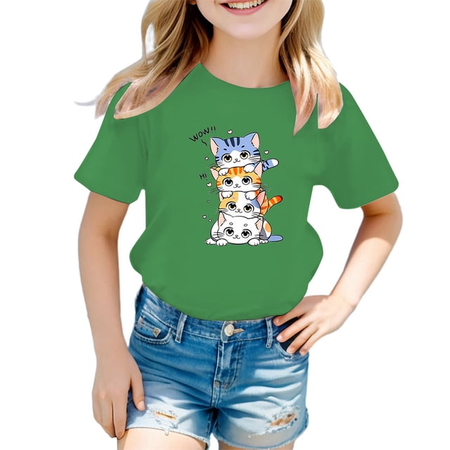GDREDA Vêtements Fille Enfant Filles Mignon Graphique Col Rond Manches Courtes Tee Été Décontracté T-Shirt Mignon Filles Hauts d'Été Vert,7-8 Ans