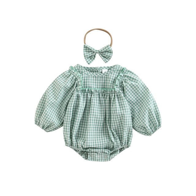 Faithtur Barboteuse pour Bébé Filles à Carreaux Col Rond Lanterne Manches Longues Combinaisons Automne Décontractée une-Pièce avec Bandeau