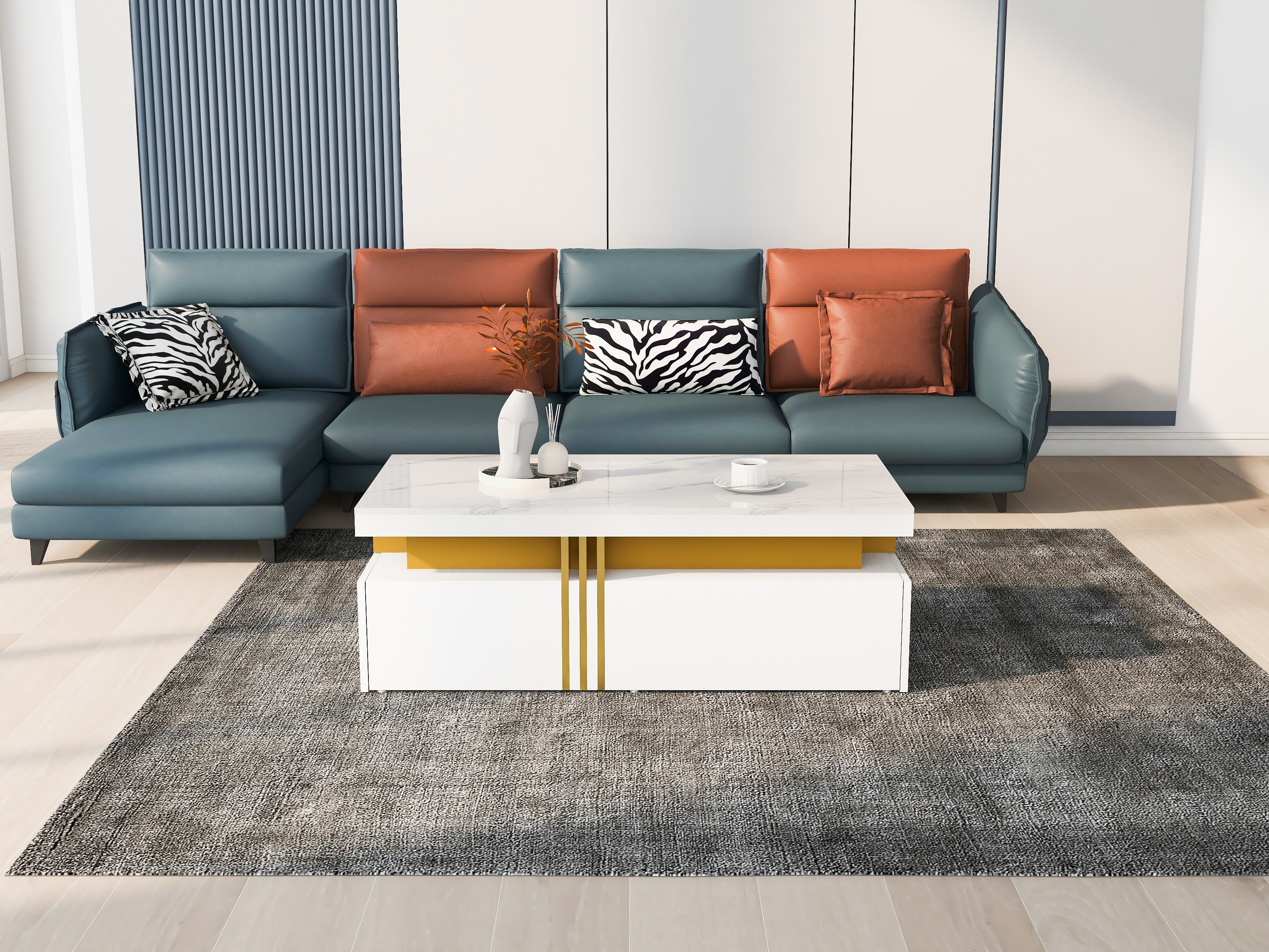 Table basse moderne Noble House, plateau laqué brillant effet marbre, blanche
