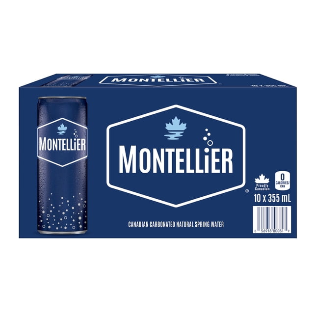 Montellier Carbonated Natural Spring Water 10-pack of 355 mL cans in a dark blue box with a white Montellier logo featuring a maple leaf and bubbles, indicating Canadian sparkling water sourced from natural springs with zero calories per can, suitable for refreshing hydration.