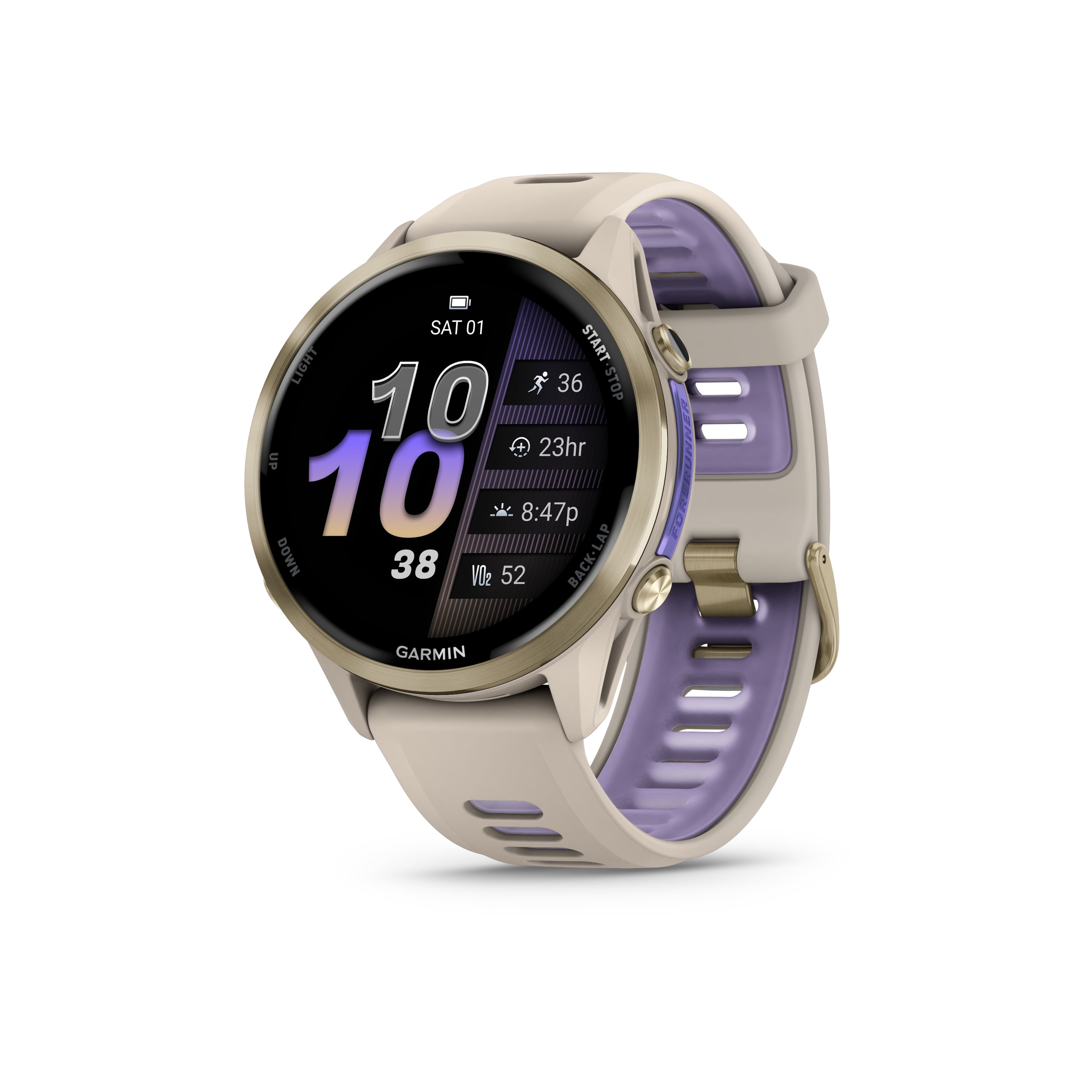 Garmin Forerunner® 970 GPS Smartwatch - Soft Gold Titanium with French Grey Case and French Gray/Translucent Indigo Band