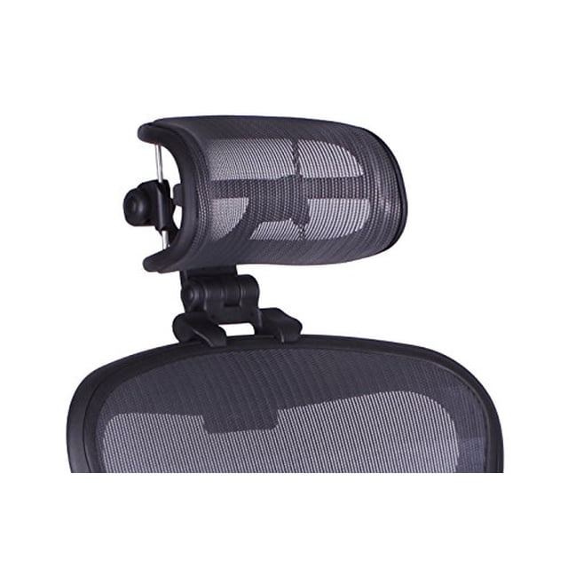 The Original Headrest for The Herman Miller Aeron Chair by Engineered Now, in graphite gray, designed as an ergonomic office chair accessory. This fully adjustable headrest supports the head and neck, aligning the body for comfort during long workdays. It attaches seamlessly to Remastered Aeron Chair models from 2017 and earlier, featuring a larger pillow size and versatile adjustments that lock into place. Made of durable plastic, it measures 12 x 6 x 8 inches and weighs 3.50 pounds. Chair not included.