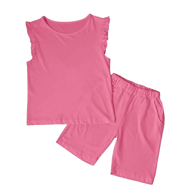 Hiiyo Big Girls Clothes Outfits Summer Solid Casual Tank Top Shorts Set for Children