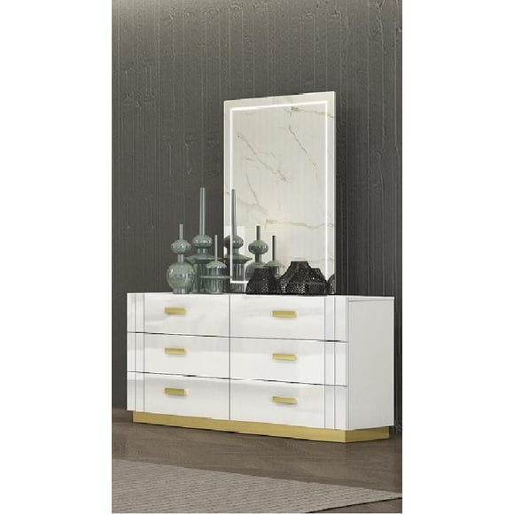 K-Living Tanner Dresser In White With Titanum Gold Metal Accent And Mirror With Led Lights
