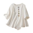 thumbnail image 2 of Meichang Chemises en Lin à Broderie Florale pour Femmes Manches 3/4 Col Rond Boutons Hauts Babydoll Blouses Rétro Coupe Ample T-Shirts Fluides Haut Décontracté d'Été, 2 of 4