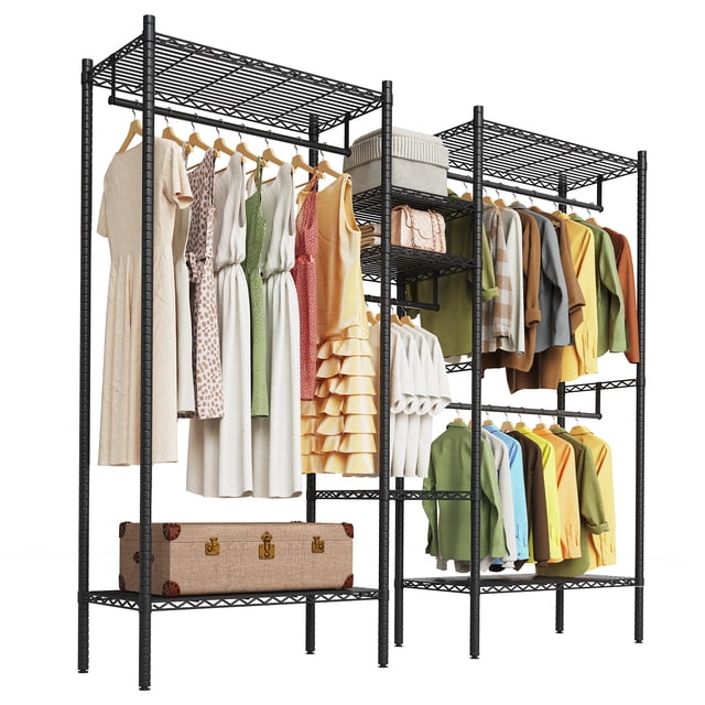 Heavy Duty Metal Garment Organizer Rack – Freestanding Storage Shelf with Adjustable Shelves & Hanging Rods – 1000 lbs Capacity for Closet, Wardrobe, or Dorm – Portable Steel Clothing Rack, Black