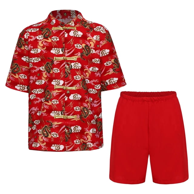 Oyolan Garçons Coton Uniforme Tang Brodé Dragon Traditionnel Chinois Kung-Fu Tang Arts Martiaux Ensembles Rouge-F 120