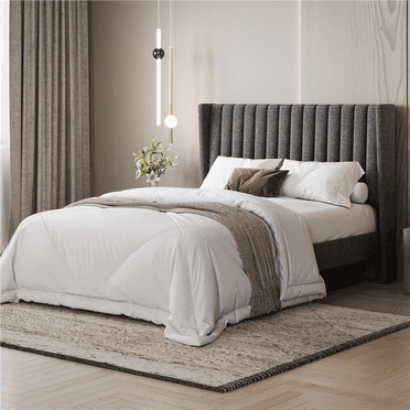 FullFurnique Upholstered Bed Frame with Wing Side and Channel Headboard, Full, Dark Gray