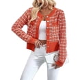 thumbnail image 1 of Femmes - Blazer à Carreaux Chic Décontracté Cardigan à Boutons devant Col Ras du Cou Manches Longues Vestes en Tricot Texturé Orange-Rouge P, 1 of 9