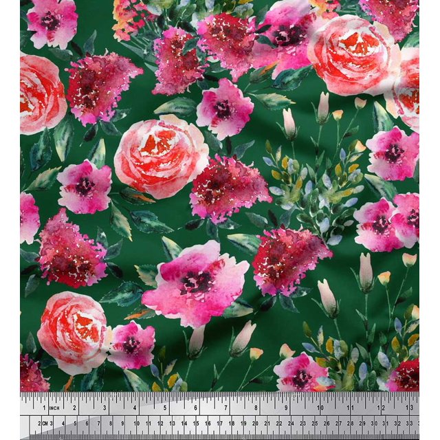 Soimoi Rayon Fabric Leaves & Rose Flower Print Fabric by Yard 42 Inch Wide