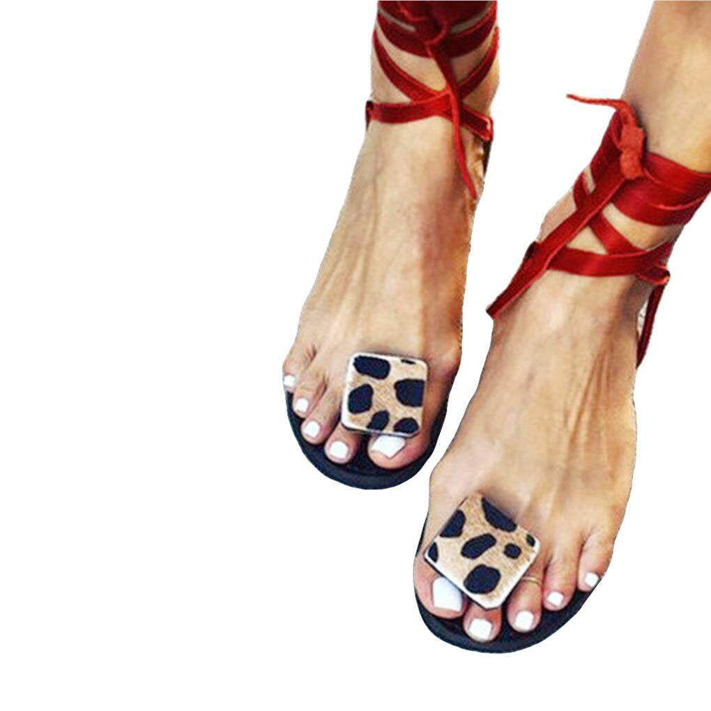 Open Toe Leopard Printed Sandals Summer Flat Shoes Women's Strappy Sandals