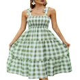 thumbnail image 1 of Femmes Été Robe à Carreaux Froncé Sling Bretelles Cravate Casual Longue Robe Dames Plage Chic une Pièce, 1 of 7