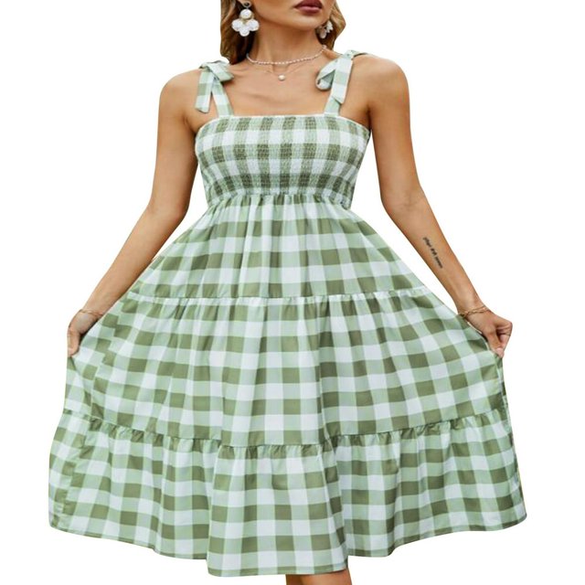 Femmes Été Robe à Carreaux Froncé Sling Bretelles Cravate Casual Longue Robe Dames Plage Chic une Pièce