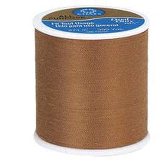 Coats & Clark™ All Purpose 100% Polyester Thread, 300 Yards spool in brown, medium-weight corespun polyester thread for strong, durable seams in garments and home décor, suitable for machine or hand sewing on woven or knit fabrics, shown in a close-up front view with visible thread texture.