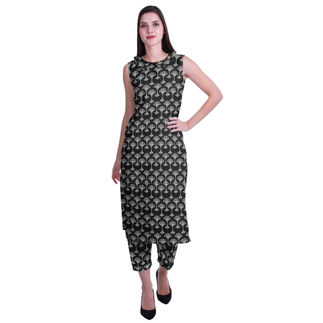Moomaya Ensemble Kurta et Pantalon Sans Manches pour Femmes à Col Peter Pan Imprimé, Ensemble Ethnique 2 Pcs