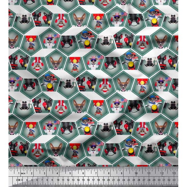 Soimoi Polyester Crepe Fabric Geometric & Dogs Patchwork Printed Fabric 1 Yard 42 Inch Wide