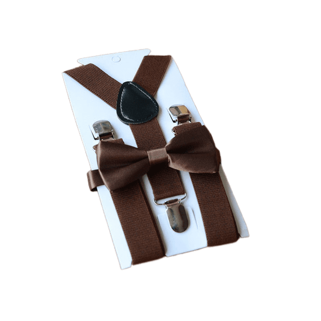 Gupgi Kids Solid Adjustable Elastic Suspenders Y-back Suspender Bow Tie Set with brown polyester suspenders featuring durable metal clips and a matching pre-tied bow tie. The adjustable straps ensure a secure fit for boys, making it a versatile accessory for kids' outfit sets. Perfect for formal occasions such as weddings, birthdays, holiday events, and choir performances.