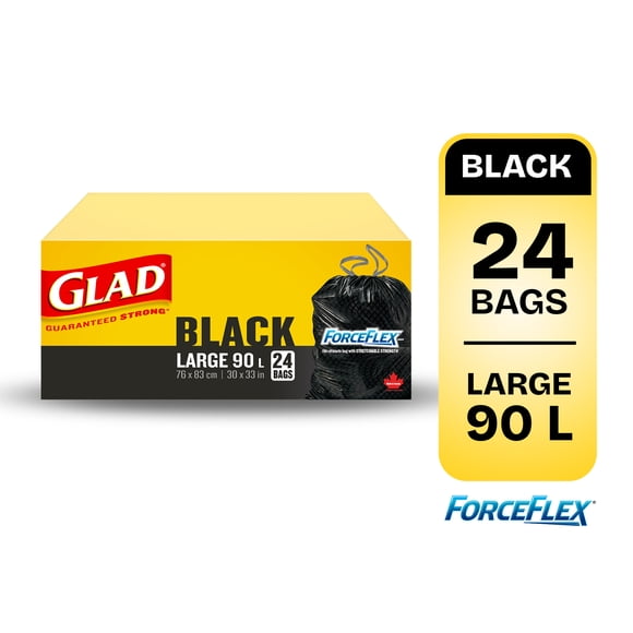 Grands sacs à ordures noirs ForceFlex de Glad à cordon coulissant, boîte de 24 sacs à ordures
