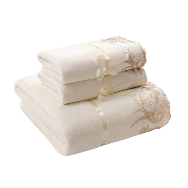 Yhmxh Bedding Colour Lace Side 3 Piece Soft Absorbent Embroidered Gift Towel Bath Towel Skin-friendly Throw Blanket Machine Washable Microfiber Bed Sheet Set