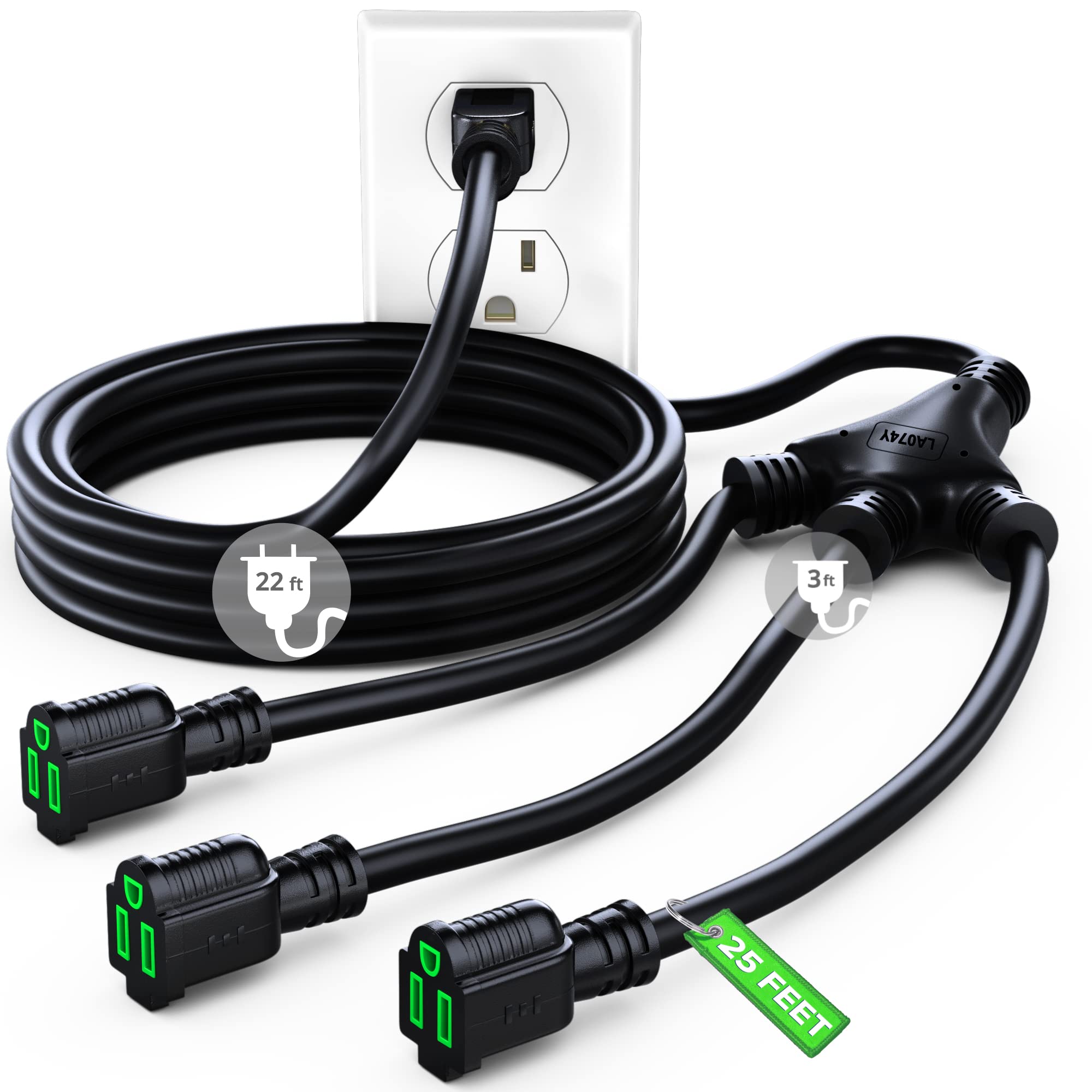 Maximm Extension Cord Splitter 12/3 AWG 1 to 3 Outlet, 25 Ft Black Indoor Outdoor Rated, Heavy Duty Power Cords with Multiple outlets, 12 Gauge Wire Grounded