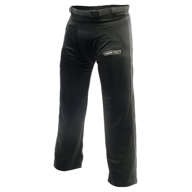 Powertek V3.0 Senior Ringette Pants SR-XL in black, featuring reinforced knees for durability and an adjustable waistband with an integrated belt for a secure fit. Designed for comfort and mobility, these pants are suitable for both ringette and motorcycle protective gear applications, offering versatility for recreational and competitive use.