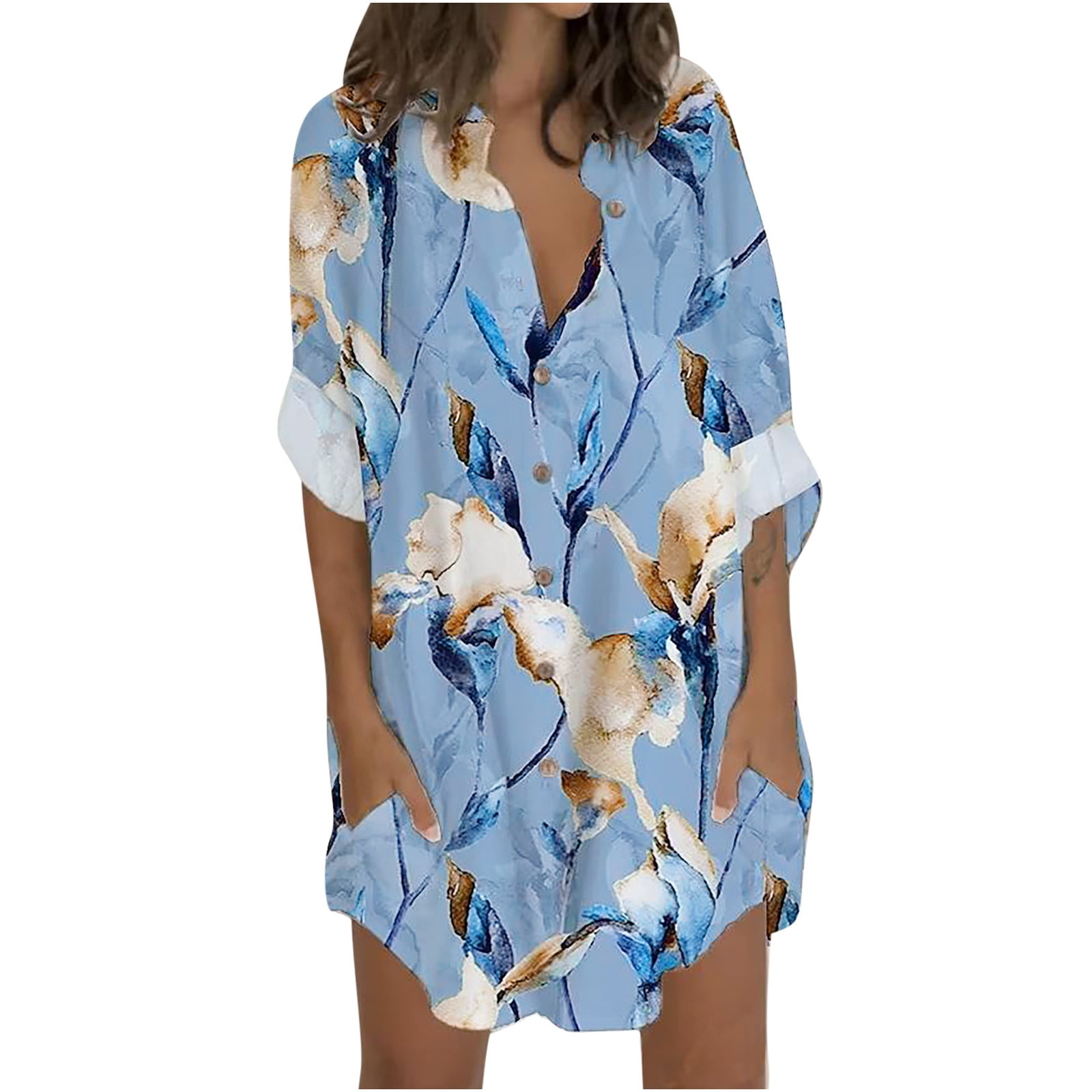 PEZHADA Robes pour Femmes Grande Taille Robes Chemise Décontractées Mode Femmes Robe Imprimée à Manches Longues Bouffantes à Col en V Robe Midi Bleu Clair