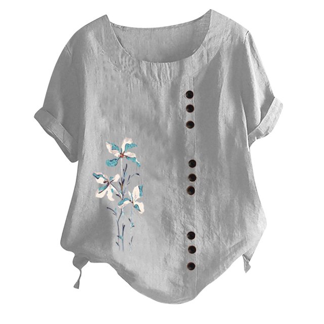 Birdeem Womens Fashion Summer Round Neck Leisure Short Sleeve Printed Buttons Tops
