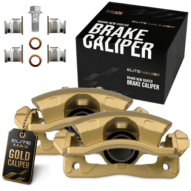Max Advanced Brakes – EliteMAX Rear Brake Caliper Set for 2002-2018 Ram 1500, Driver & Passenger Side, Gold Powder Coated, Hardware Included, Disc Brake Caliper Assembly w/ Bracket