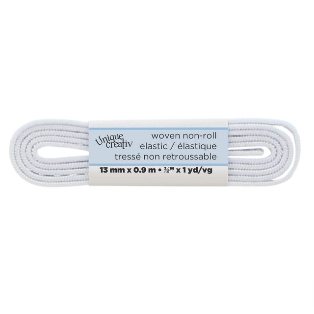 Unique Creativ Woven Non-Roll White Elastic band, 13 mm wide and 0.9 m long, tightly coiled with a flat woven texture, designed to resist rolling or twisting, ideal for waistbands and sewing notions, often used in casings or stitched through fabric.
