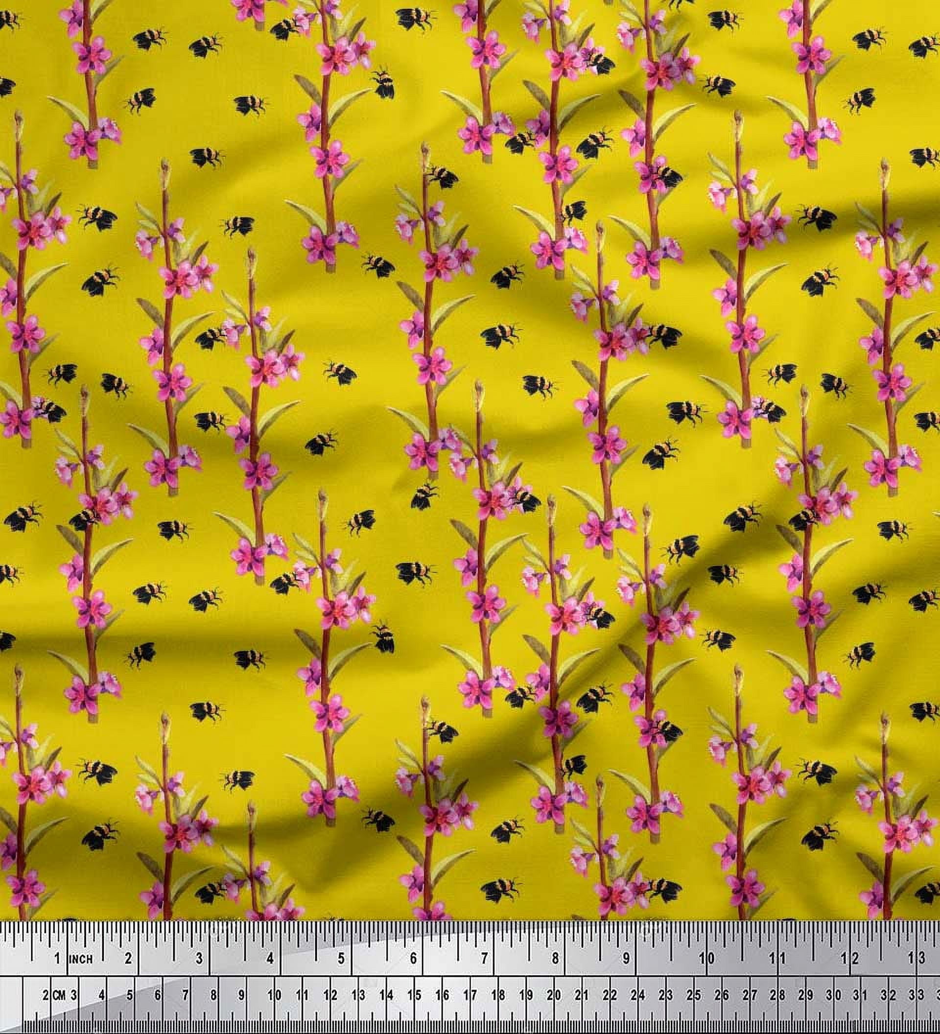 Soimoi Polyester Crepe Fabric Leaves,Floral & Honey Bee Insects Fabric Prints by Yard 52 Inch Wide