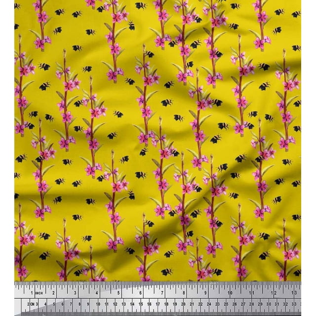 Soimoi Poly Georgette Fabric Leaves,Floral & Honey Bee Insects Printed Fabric 1 Yard 42 Inch Wide