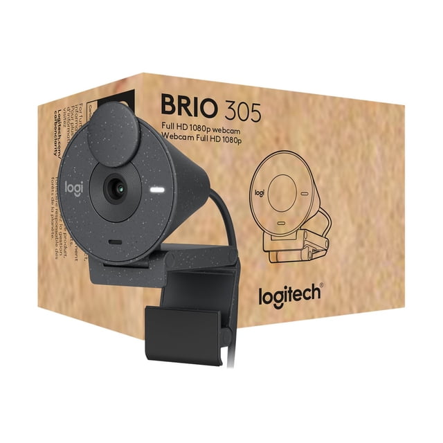 Logitech Brio 305 Full HD Webcam with Auto Light Correction in Graphite, featuring a privacy shutter, USB-C connectivity, and 1080p resolution. The webcam is displayed alongside its packaging, emphasizing its compatibility with Microsoft Teams, Zoom, and Google Meet for seamless video conferencing.