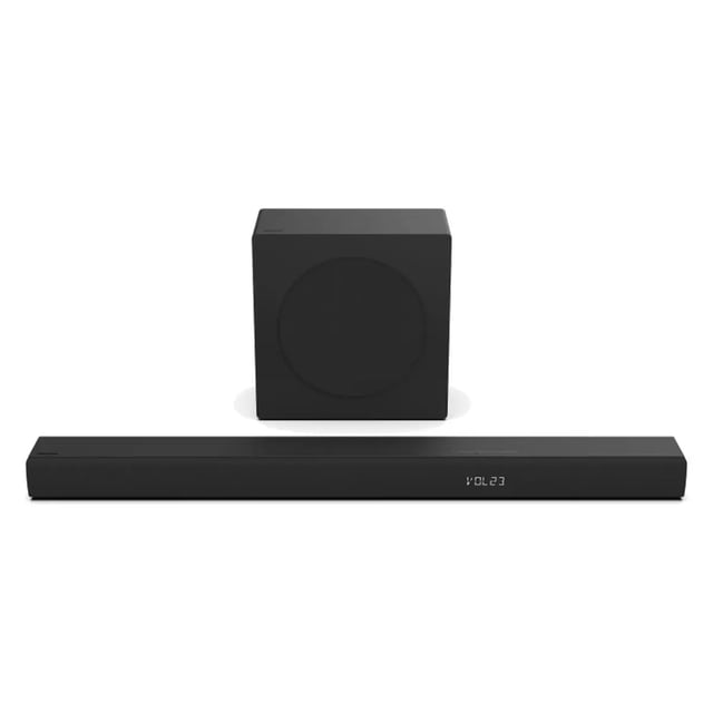 Hisense Barre de Son 3.1 Canaux avec Caisson de Basses Sans Fil (AX3100Q) avec Dolby Atmos et Puissance de Sortie Totale de 500 W. Comprend 3 Haut-Parleurs Pleine Portée, 2 tweeters et un Caisson de Basses Sans Fil pour un audio Immersif. Présentée dans un design Noir Épuré avec un Écran avant.