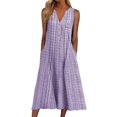 thumbnail image 3 of Robe Décontractée pour Femmes Robe Décontractée à Rayures pour Femmes Robe Boutonnée Col en V Sans Manches avec Poche Robe Élégante Longue Robe Robe de Vacances Vêtements pour Femmes Tendance TG Gris, 3 of 4