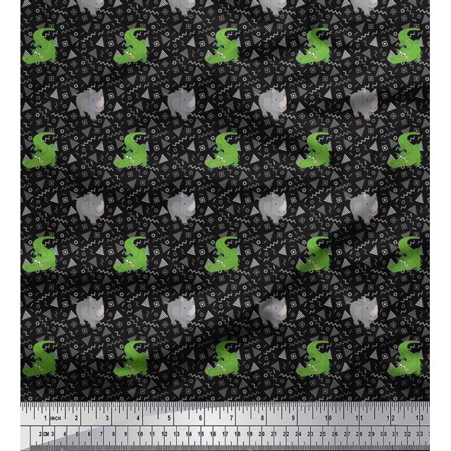 Soimoi Moss Georgette Fabric Geometric Shapes,Crocodile & Rhinoceros Kids Print Fabric by The Yard 42 Inch Wide