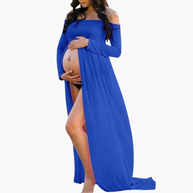 Tidyack , Robe de Maternité Unie, Épaules Dénudées à Manches Longues, Tissu Confortable et Extensible, Style Élégant et Décontracté, pour Femmes Enceintes, Tenue Quotidienne, Polyester de Haute Qualité, Texture Douce, Convient pour