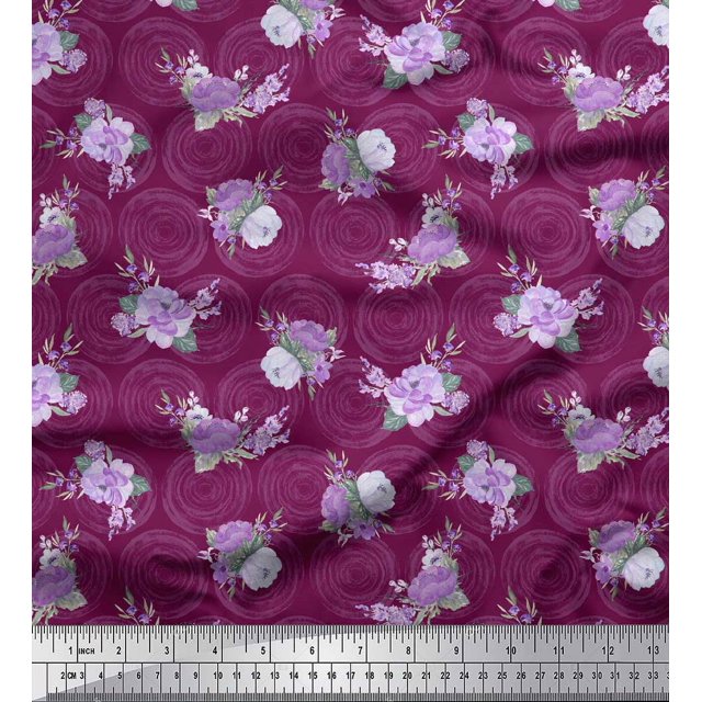 Soimoi Pink Silk Fabric Circle & Peony Floral Print Sewing Fabric Yard 44 Inch Wide