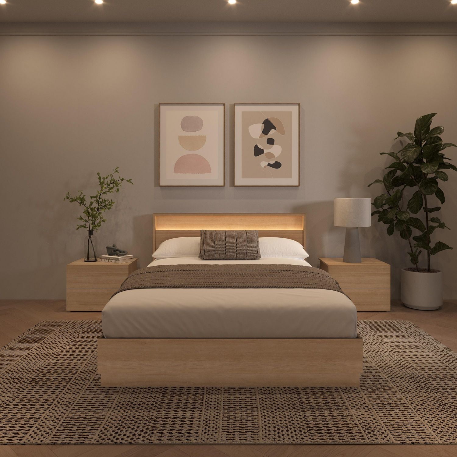 Chambre à coucher Hudson 4 pièces avec sommier à lattes, tête de lit avec éclairage intégré et 2 tables de chevet