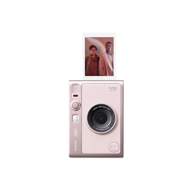 FUJIFILM INSTAX MINI Evo Hybrid Instant Camera en rose Pâle avec un Panneau avant Texturé, Objectif 28 mm f/2.0, Doubles Boutons d'Obturateur, flash Intégré et Éjection Instantanée par le Haut pour une Photographie Créative Instantanée.