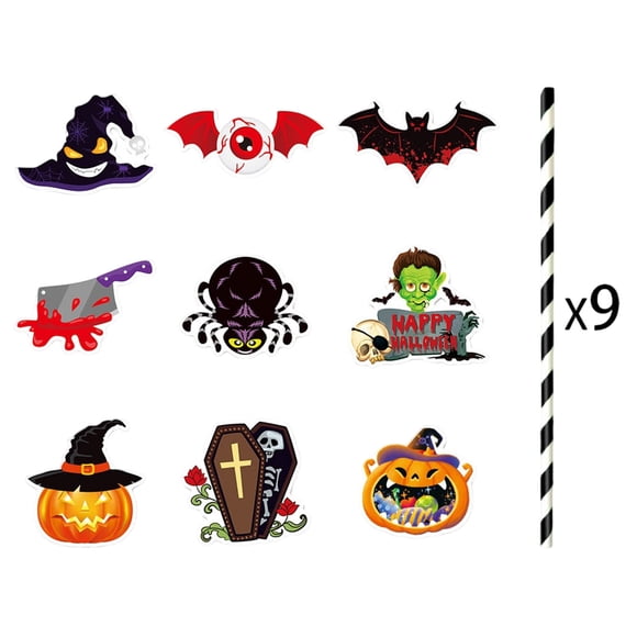 Halloween Straw Insert Cards Set Of 9 With Eyeball Spider Pumpkin Designs For Party Cup Decorations Beverage Drink Stirrers For Themed Events