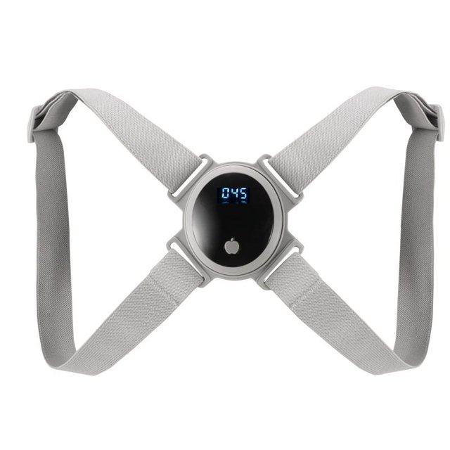 Smart Posture Corrector Intelligent Vibration Reminder Back Brace Support Belt featuring a lightweight, high-elasticity nylon design in grey. The device includes a smart sensor that vibrates to alert users when their back bends over 25 degrees, promoting proper posture. The adjustable straps make it suitable for all ages and genders, and it can be worn comfortably under or over clothing. The central black module displays posture data on a digital screen, enhancing real-time monitoring. Ideal for reducing neck and back discomfort caused by poor posture during prolonged sitting or computer use.