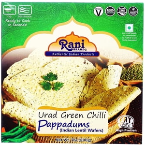 Rani Pappadums (Indian Lentil Wafer Snack) Green Chilli Papad 7oz (200g) Approximately 15pc, 7 inches ~ All Natural | Gluten Friendly | NON-GMO | Vegan | Indian Origin