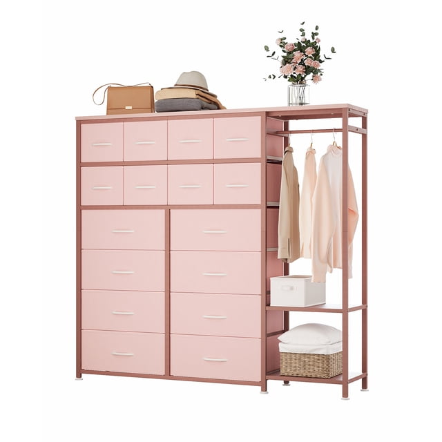 Organisateur de Garde-Robe en Tissu à 16 Tiroirs, Étagère de Rangement Autoportante pour Placard avec 2 Tablettes et Tringle